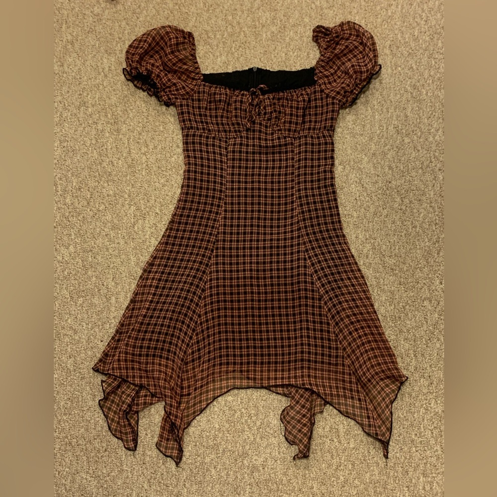 Cider Asymmetrical Plaid Dress with Puff Sleeves - Picture 2 of 3